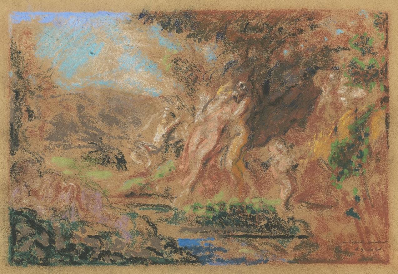 Ker-Xavier Roussel, "Satyre et nymphe avec amour dans un bois", ca. 1904-1907, Pastell, Gouache auf Velin, 26,9 x 34,5 cm