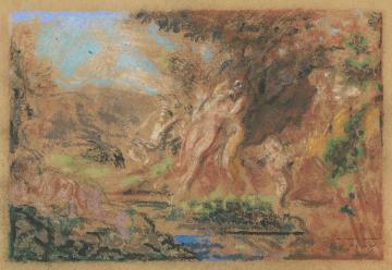 Ker-Xavier Roussel, "Satyre et nymphe avec amour dans un bois", ca. 1904-1907, Pastell, Gouache auf Velin, 26,9 x 34,5 cm